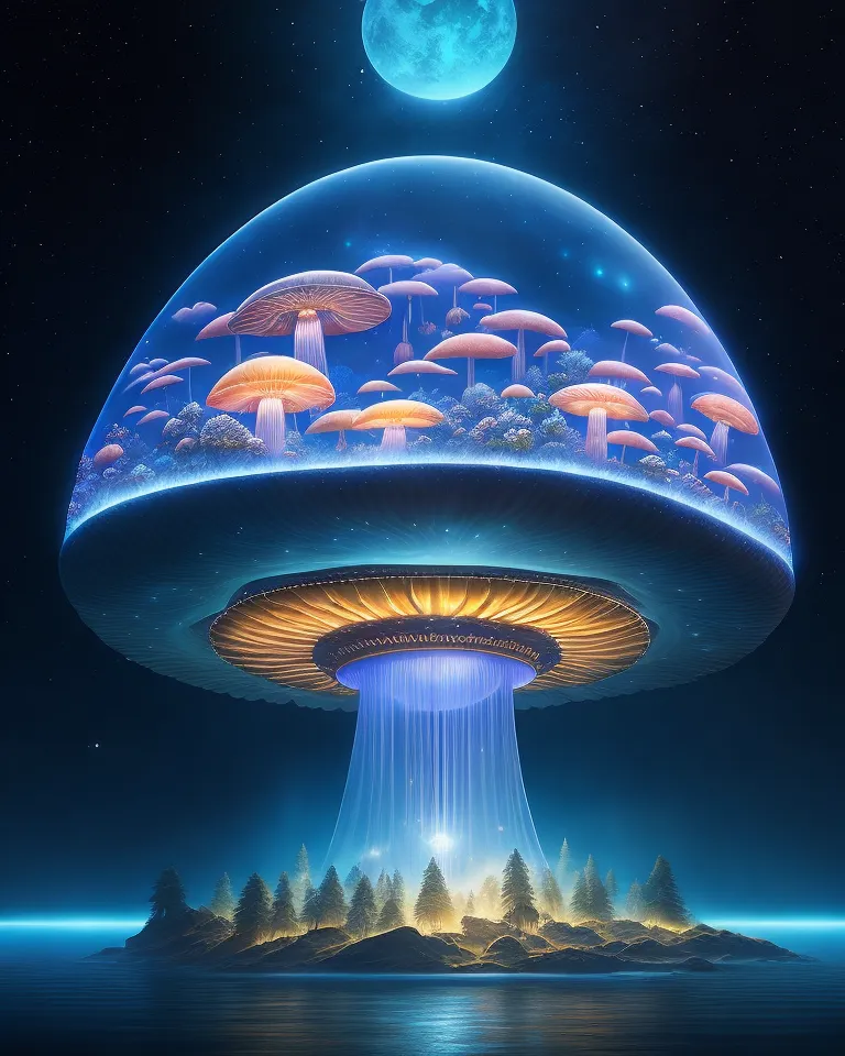 The image is a surreal landscape featuring a giant mushroom with a glowing blue cap. The mushroom is surrounded by a forest of trees and there is a large body of water in the foreground. The sky is dark and there is a full moon. The mushroom is emitting a beam of light that is shining down on the forest.