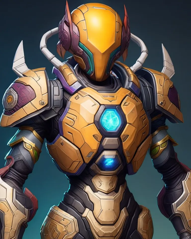 The image shows a 3D rendering of a character wearing a futuristic suit of armor. The armor is primarily yellow with black and purple accents. The character's helmet has a visor and there are several horns protruding from the top and sides of the helmet. The suit of armor has several glowing blue lights on the chest plate and arms.