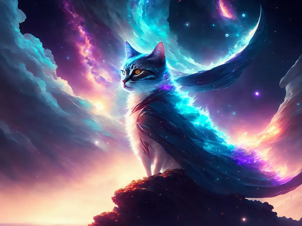 The image is a digital painting of a cat with a starry night sky and a colorful nebula in the background. The cat is sitting on a rock and has a blue and purple cape flowing behind it. The cat is looking to the left of the frame.