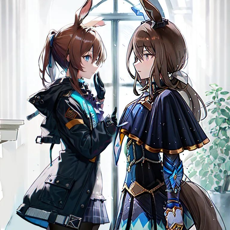 The image shows two anime girls with rabbit ears. The girl on the left has brown hair and blue eyes, and she is wearing a black jacket and a white skirt. She is also wearing a glove on her right hand. The girl on the right has brown hair and blue eyes, and she is wearing a blue and white dress. She is also wearing a glove on her left hand. Both girls are standing in front of a white background, and there is a plant on the right side of the image.