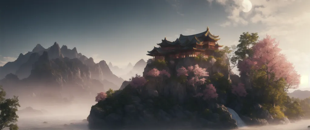 The image is a beautiful landscape of a Chinese-style palace on a rocky cliff. The palace is surrounded by lush pink cherry blossom trees and there is a waterfall on the right side of the cliff. In the background, there are tall mountains and a blue sky with a full moon. The water in the foreground is calm and still, reflecting the beauty of the palace and the surrounding landscape.