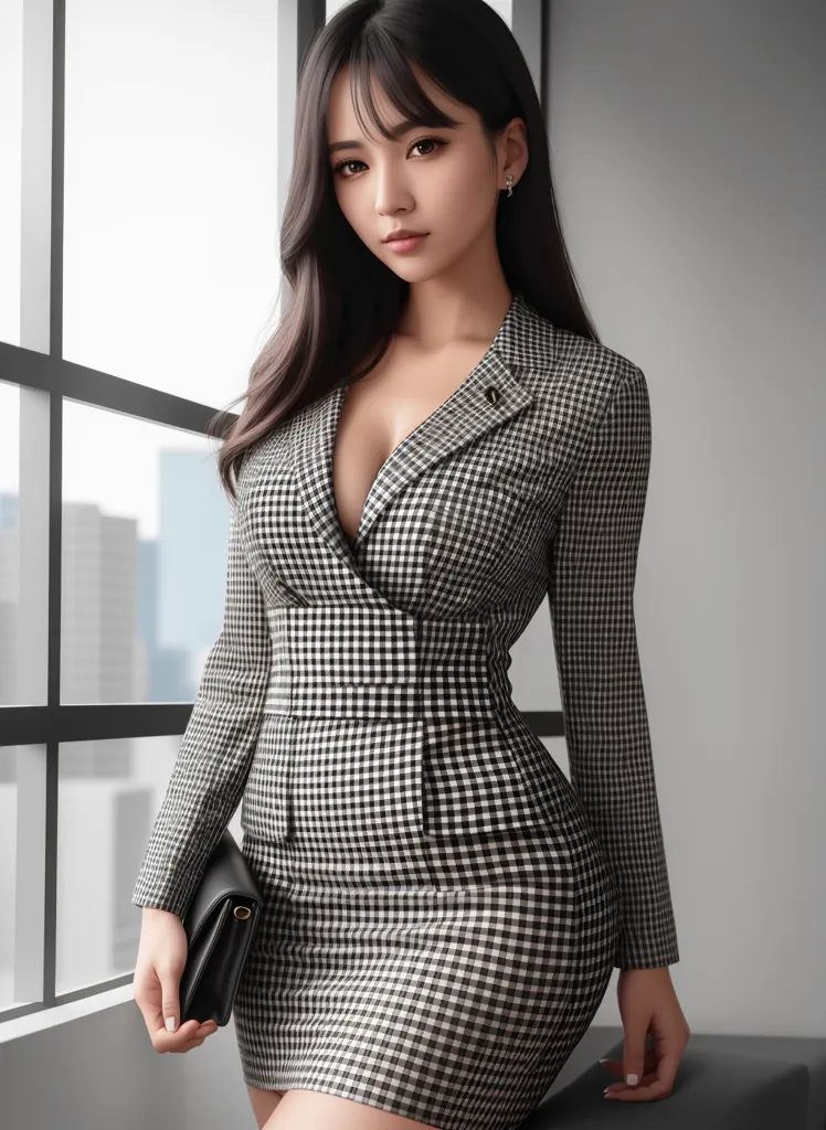 The image shows a young woman standing in front of a window. She is wearing a gray and black plaid blazer dress with a plunging neckline. The dress is cinched at the waist with a black belt. She is also wearing black high heels. Her long black hair is styled with bangs and her makeup is flawless. She is holding a black handbag in her right hand. The background of the image is a blurred cityscape.