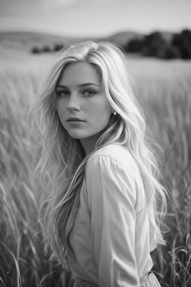 The photo shows a young woman standing in a field of tall grass. She is looking at the camera with a serious expression. She has long, wavy blonde hair and is wearing a white dress. The background of the photo is blurred, but it looks like there are trees and hills in the distance. The photo is taken from a slightly elevated angle, which makes the woman look taller and more imposing.