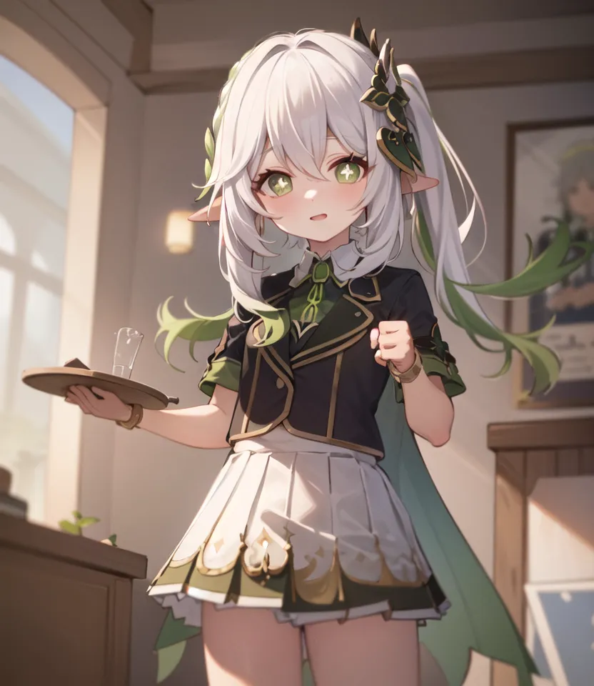 The image is of a young girl with white hair and green eyes. She is wearing a green and white dress with a white apron. She has a plate in her hand and is looking at the viewer with a surprised expression on her face. She has elf-like ears and appears to be in a restaurant or cafe.