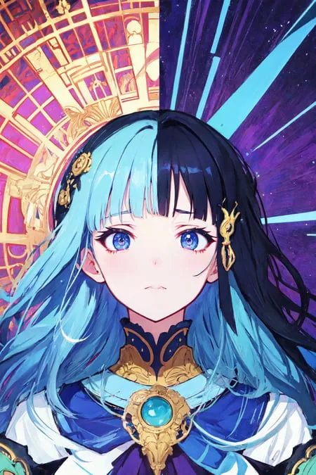 The image is a portrait of a young woman with long, blue and black hair. She has blue eyes and is wearing a blue and gold outfit. There is a golden clock behind her head. She is looking at the viewer with a serious expression.