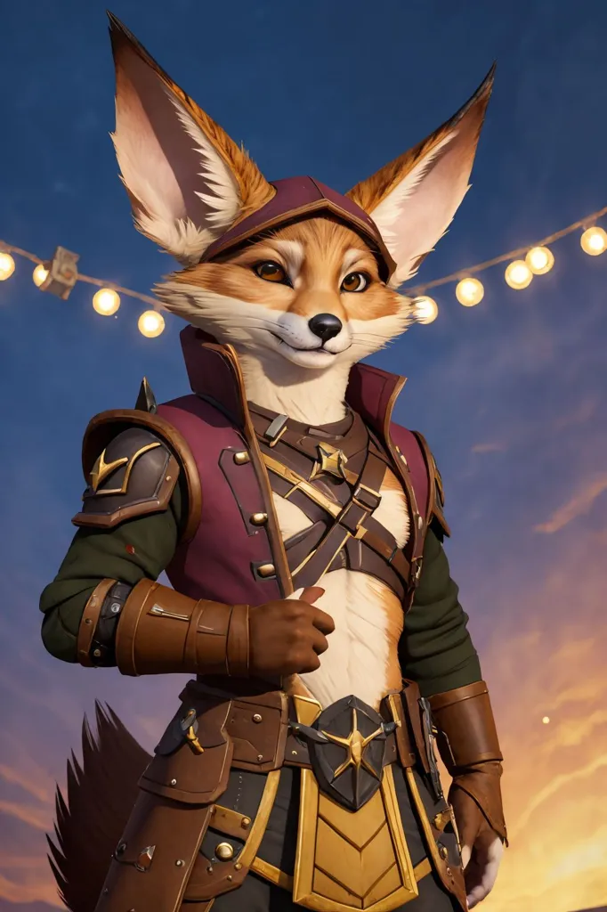 The image shows a bipedal fox wearing a red and brown outfit. The fox has large ears and a long tail. It is wearing a red and brown shirt with a white belt, and has a brown cape with a hood. It also has brown boots and gloves. The fox is standing in a confident pose, with one hand on its hip and the other holding a weapon of some sort. It has a determined look on its face. The background is a sunset sky with a few lights in the distance.