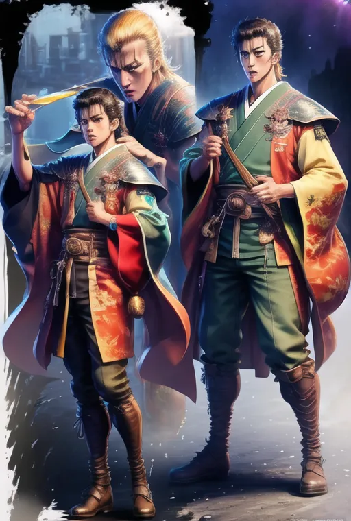 The image shows three anime characters. They are all wearing traditional Japanese clothing and are armed with swords. The character in the middle is the tallest and has long blond hair. He is wearing a red and white kimono and has a serious expression on his face. The character to the left is shorter and has brown hair. He is wearing a green kimono and has a more relaxed expression on his face. The character to the right is the shortest and has black hair. He is wearing a yellow kimono and has a determined expression on his face. The background of the image is a dark cityscape.