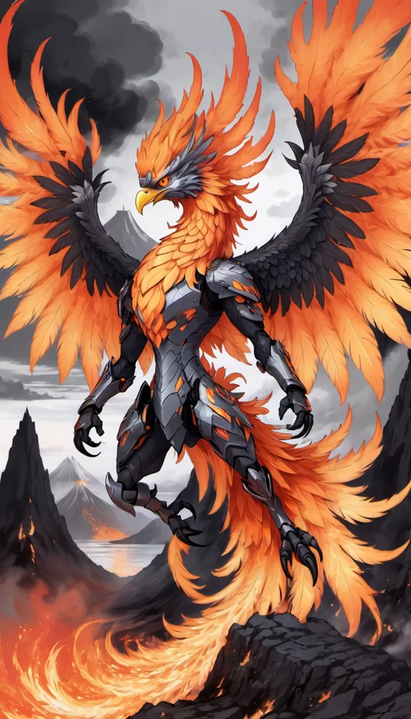 The image shows a phoenix with orange and black feathers. It is standing on a rock in front of a volcano. The phoenix is wearing armor and has a determined expression on its face. The background is a dark sky with clouds.