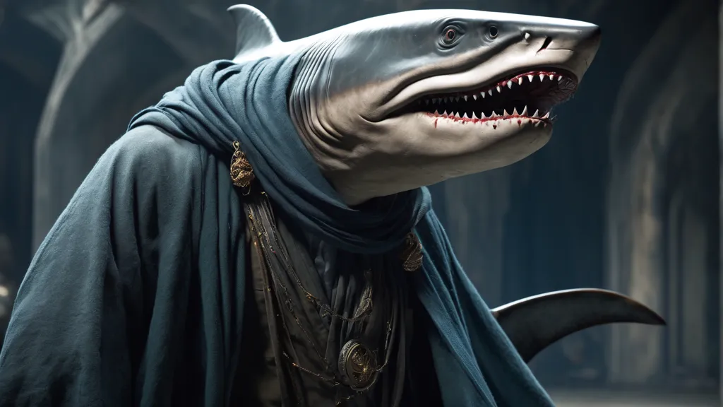 This image depicts a shark wearing a blue robe with gold trim. The shark has its mouth open and is showing its sharp teeth. Its eyes are black.