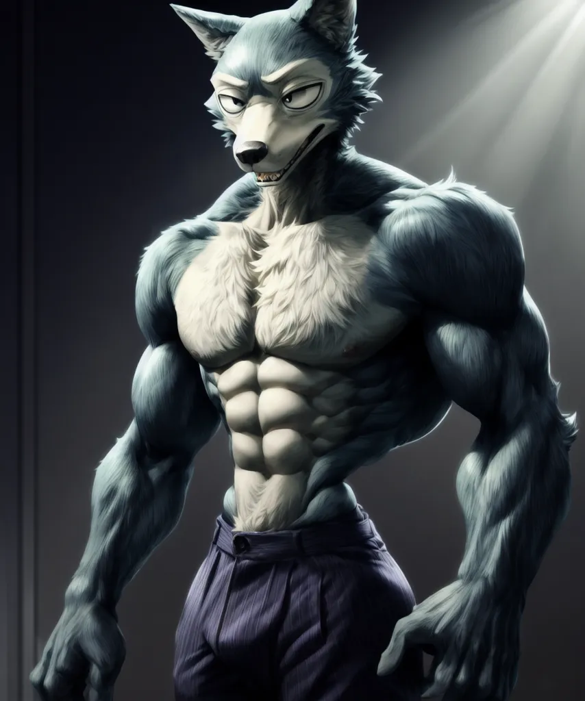 The image is of a muscular wolf standing in a dark room. The wolf is wearing pants and has his shirt off, showing off his muscular chest and abs. He has a determined look on his face and is looking at the viewer with his yellow eyes. The background is dark, with a spotlight shining down on the wolf.