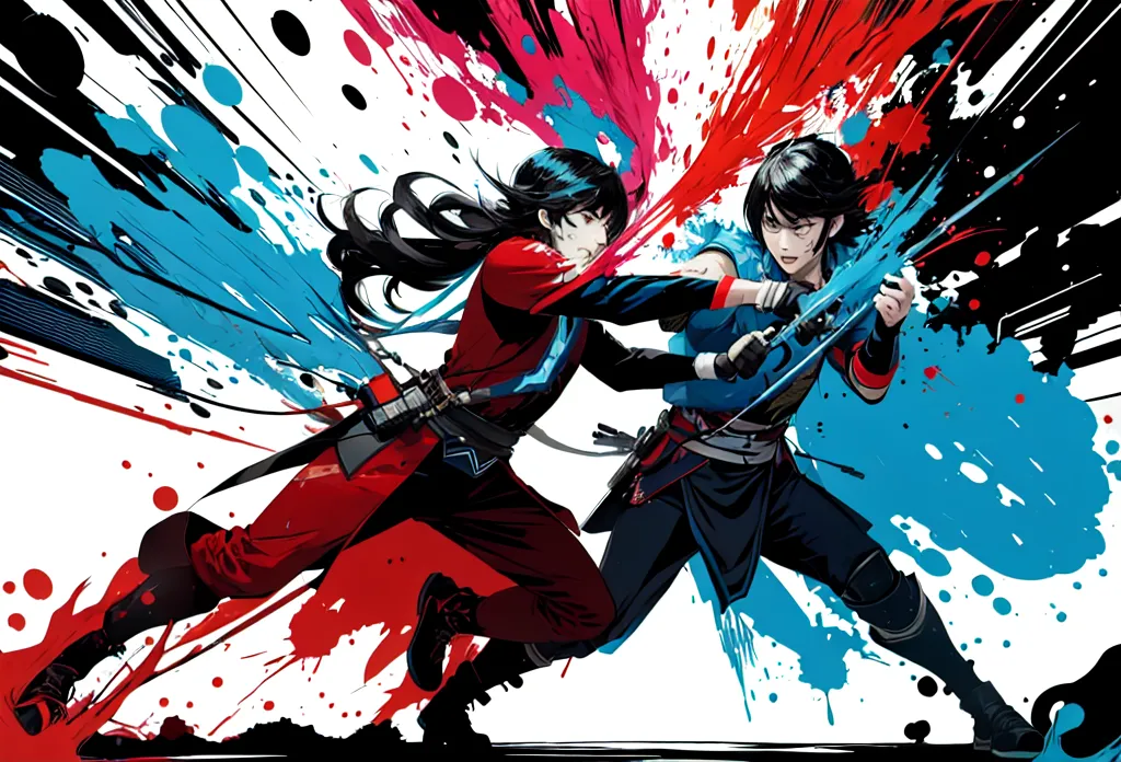 The image is of two anime characters engaged in a sword fight. The characters are depicted in a dynamic and stylized manner, with bright colors and exaggerated movements. The background is a splash of blue and red paint, which adds to the sense of energy and excitement. The overall effect is one of visual impact and excitement, capturing the intensity of the battle between the two characters.