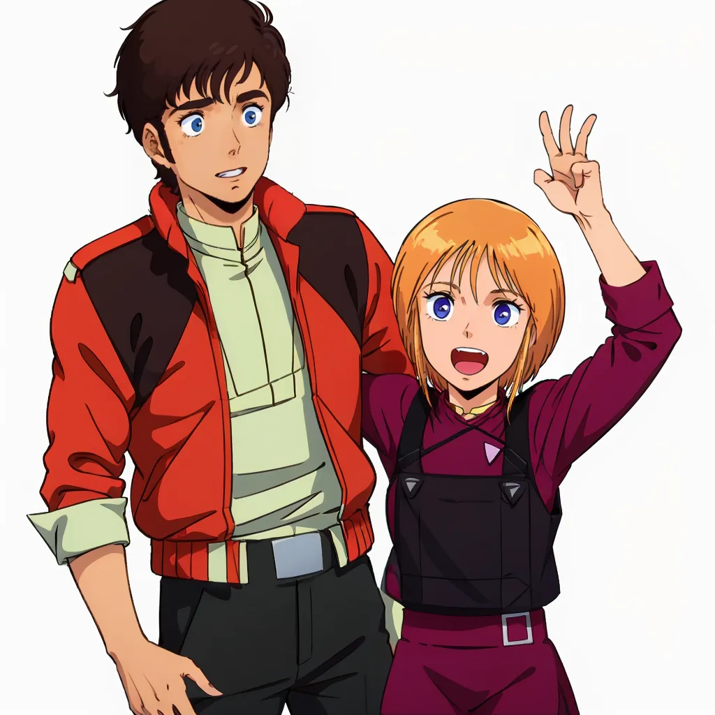 This is an illustration of two characters from the anime series Mobile Suit Gundam. The man on the left is Amuro Ray, and the woman on the right is Sayla Mass. Amuro is wearing a red jacket, white shirt, and black pants. Sayla is wearing a purple vest, white shirt, and pink skirt. Amuro has his hand on Sayla's shoulder, and Sayla is holding up three fingers with her right hand.