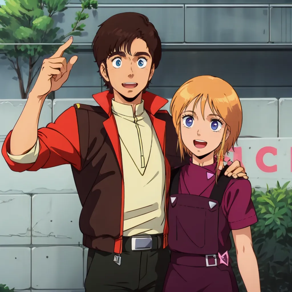 This is an illustration of two characters from the anime series Mobile Suit Gundam 0080: War in the Pocket. The boy on the left is Bernard Wiseman, and the girl on the right is Christina Mackenzie. They are standing in front of a brick building. Bernard is pointing up at something, and Christina is looking at him with a smile on her face.