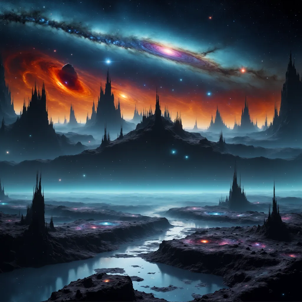 The image is set in a vast, alien landscape. There are tall, jagged mountains in the background, and a large body of water in the foreground. The sky is dark, and there are many stars and galaxies visible. There is a strange, glowing planet in the top right corner. The planet is surrounded by a ring of fire, and there are several moons orbiting it.