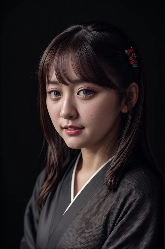 A young woman with long dark hair and bangs is wearing a black kimono with a white collar. Her hair is styled with a red flower hairpin. She has a serene expression on her face and is looking at the camera. The background is black.