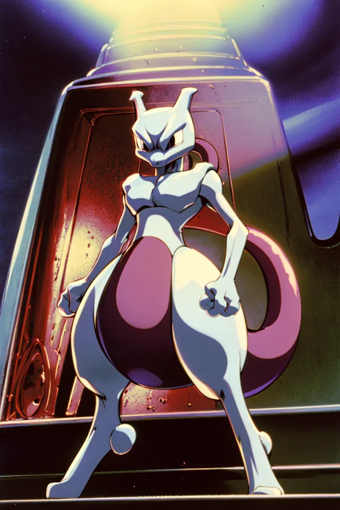 The image shows a large, bipedal, purple and white Pokémon with a muscular build. It has a large, spherical head with pointed ears and a pair of black eyes. Its body is covered in white fur, with a purple belly and a long, purple tail that ends in a ball. It is standing in front of a large, metallic structure with a red light shining down on it. The Pokémon is looking at the viewer with a determined expression on its face