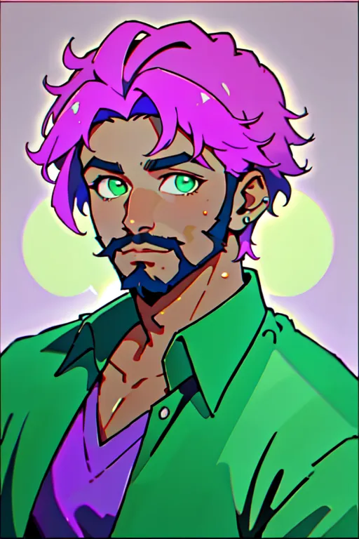 This is a picture of a man with pink hair and green eyes. He has a beard and is wearing a green shirt with a purple undershirt. The background is white with a gradient of purple and pink.