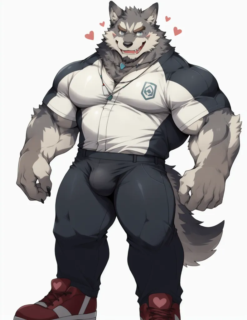 The image is of a muscular wolf anthropomorphic character. He has grey fur with darker grey patches on his arms, legs, and face. He is wearing a white shirt that is unbuttoned, showing his chest. He is also wearing black pants and red sneakers. He has a friendly expression on his face and is looking at the viewer with a slight smile. He is standing with his feet shoulder-width apart and his hands on his hips.