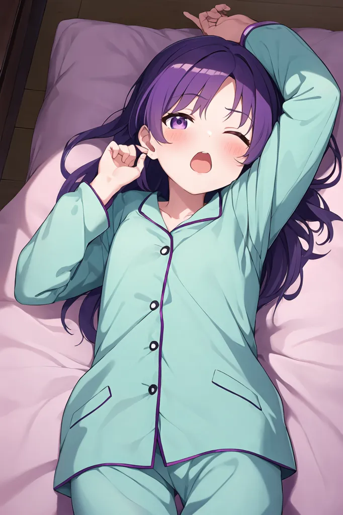 The image shows a young girl in her pajamas. She has purple hair and purple eyes. She is lying on a bed and has her hand on her head. She looks like she is just waking up. The girl is wearing a green and purple pajama top with matching bottoms. The top is unbuttoned, showing a little bit of her cleavage. Her hair is long and flowing, and her eyes are closed. She has a small smile on her face. The girl is lying on a pink bedspread. The background of the image is white.