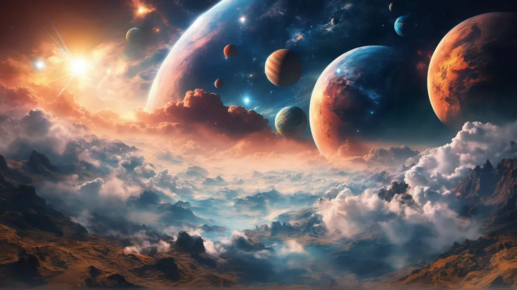 The image is set in a vast and colorful universe. There are several planets in the foreground, all of which are different sizes and colors. The largest planet is a blue-green color, and it is surrounded by a number of smaller planets. The planets are all set against a backdrop of stars and clouds. The image is very detailed, and the artist has used a variety of colors to create a sense of depth and realism. The image is also very imaginative, and it evokes a sense of wonder and mystery.