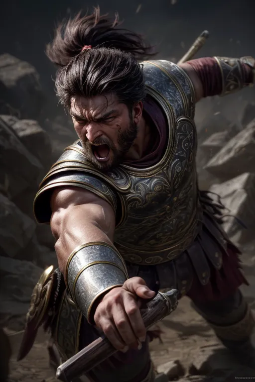 This is a picture of a warrior. He is wearing a silver and gold breastplate and a red cape. He has a sword in his right hand and is holding a shield in his left hand. He has long dark hair that is tied back in a ponytail. He is standing in a rocky field and looks like he is ready to attack.