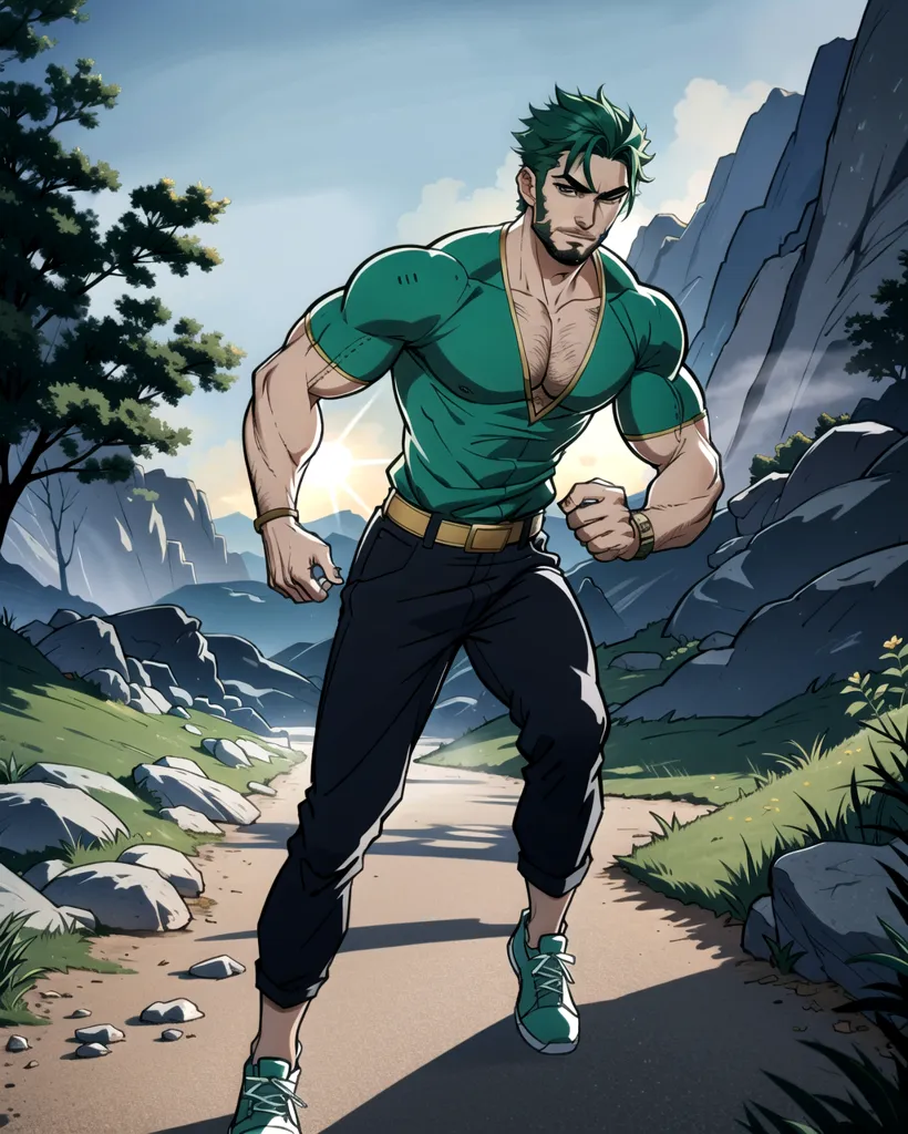 This is a picture of a muscular man with green hair and green eyes. He is wearing a green shirt, black pants, and green sneakers. He is standing in a rocky field, with mountains in the background. He has a determined expression on his face, and it looks like he is about to run.