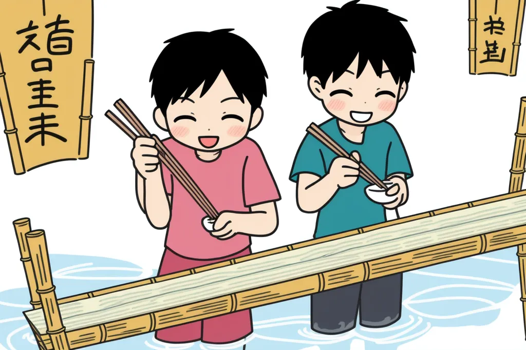 The picture shows two boys eating noodles in a river. The boys are sitting on opposite sides of a long bamboo pole, and they are both holding chopsticks. The noodles are flowing down the bamboo pole, and the boys are catching them with their chopsticks. The boys are both smiling and look like they are enjoying their meal. In the background, there is a sign that says "Somen nagashi". Somen nagashi is a traditional Japanese dish that is made with thin noodles that are served in a cold broth. The noodles are often served in the summer, and they are a popular dish for c