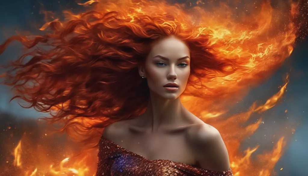 This image shows a woman with long, flowing red hair that looks like fire. The background is dark with a smoky, fiery orange atmosphere. The woman is wearing a sparkly dress with an off-the-shoulder neckline. She has a serious look on her face.