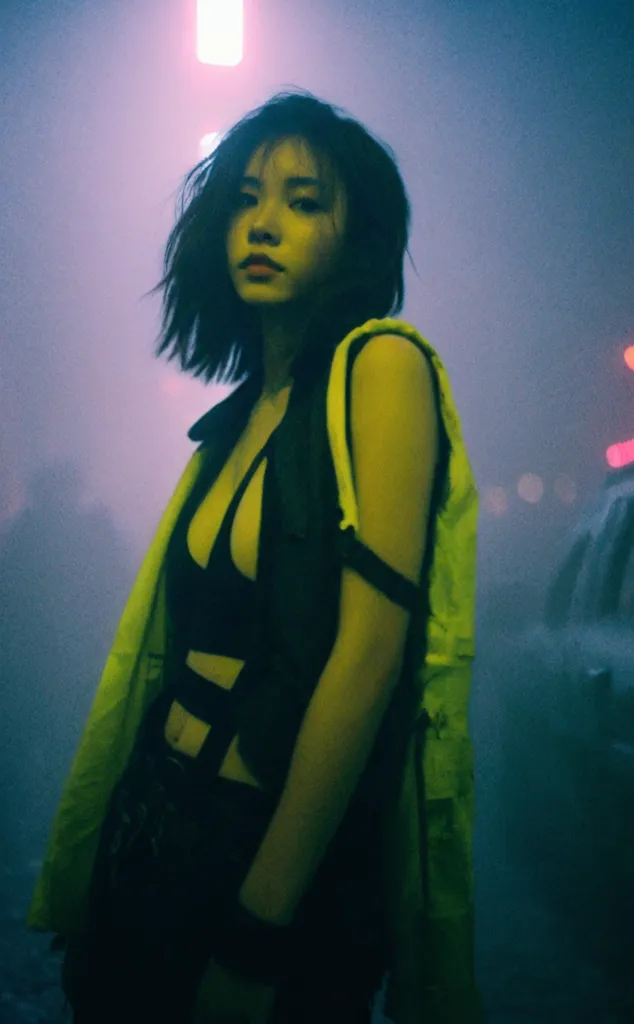 This is an image of a young woman, probably in her late teens or early twenties. She has short black hair and dark eyes. She is wearing a black vest with a yellow jacket. The jacket is unzipped, showing a black crop top underneath. She is also wearing black pants. The background is blurry, with a few lights in the distance. The overall aesthetic of the image is dark and moody.