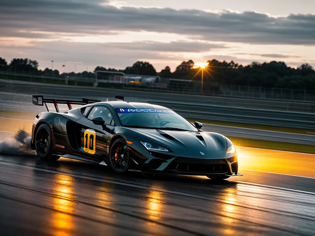 A black sports car with yellow headlights is speeding on a wet track. The car is surrounded by a spray of water. The sun is setting in the background, casting a golden glow over the scene. The car is in the lead and there are no other cars visible on the track.