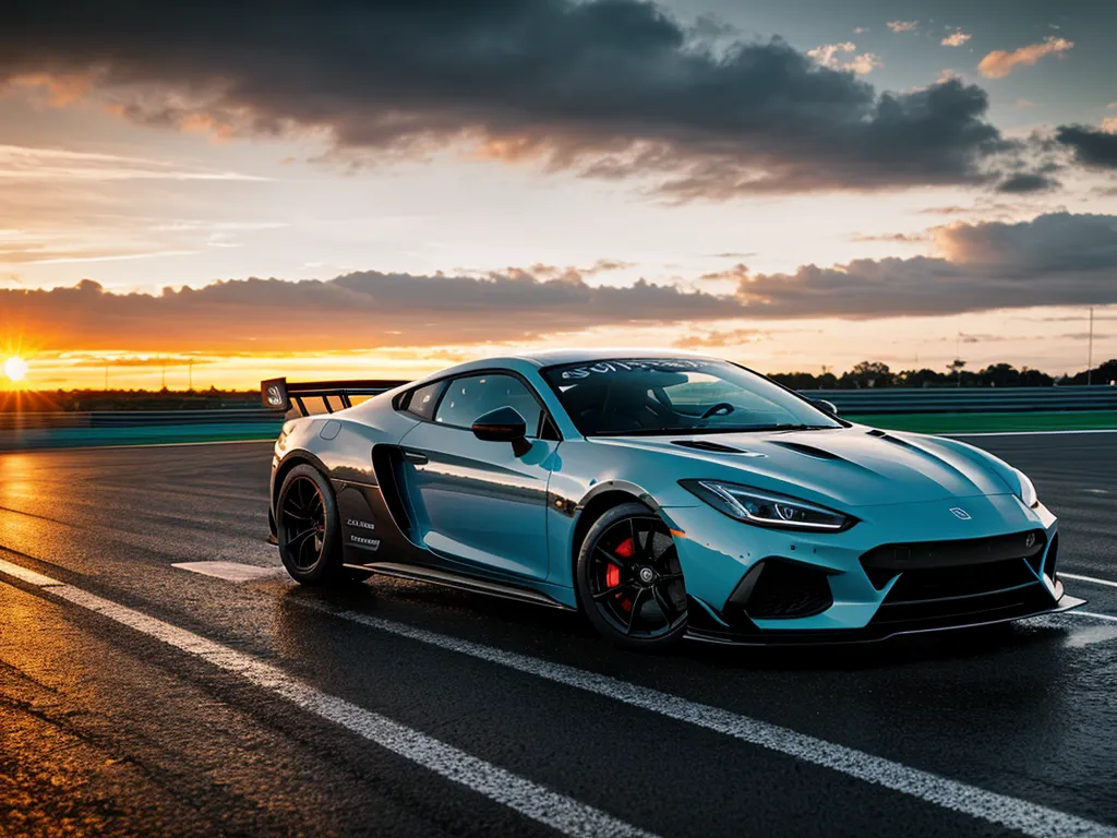 A blue sports car is on an asphalt race track. The car has a large rear wing, a front splitter, and side skirts. The car is also very low to the ground. The sky is cloudy and the sun is setting.