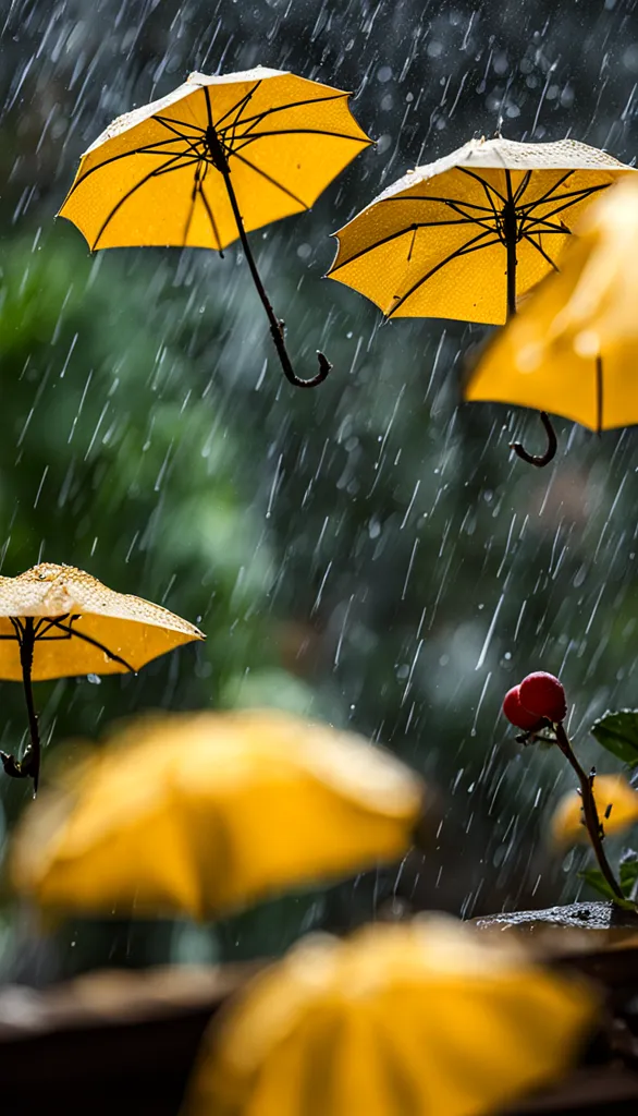 It's raining heavily and there are several yellow umbrellas caught in the downpour. The raindrops are falling on the umbrellas and some of the raindrops are out of focus in the background. The umbrellas are being held up by something that cannot be seen. The background is green and out of focus.