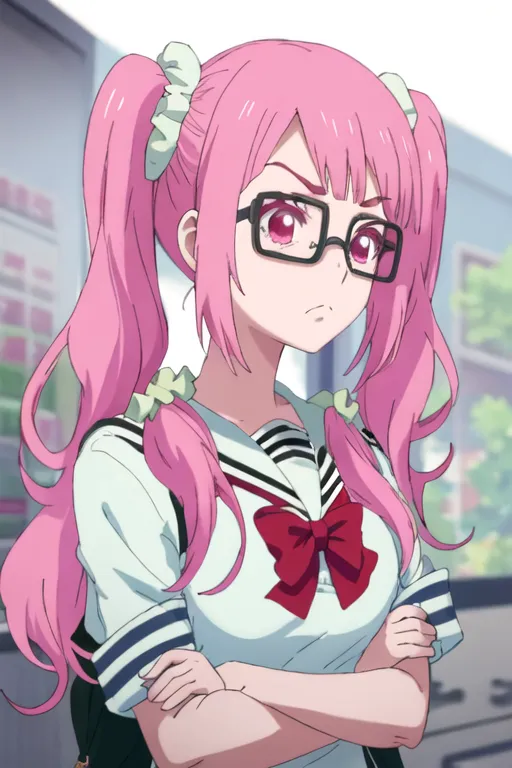 The image shows an anime girl with pink hair and pink eyes. She is wearing a white shirt with a red ribbon, and she has a serious expression on her face. She is also wearing glasses.