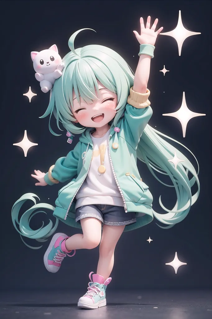 The image is of an anime-style girl with long green hair and blue eyes. She is wearing a white shirt, green jacket, and blue shorts. She is also wearing pink and white sneakers. She has a cat on her head and is surrounded by sparkles. She is smiling and has her right arm in the air.