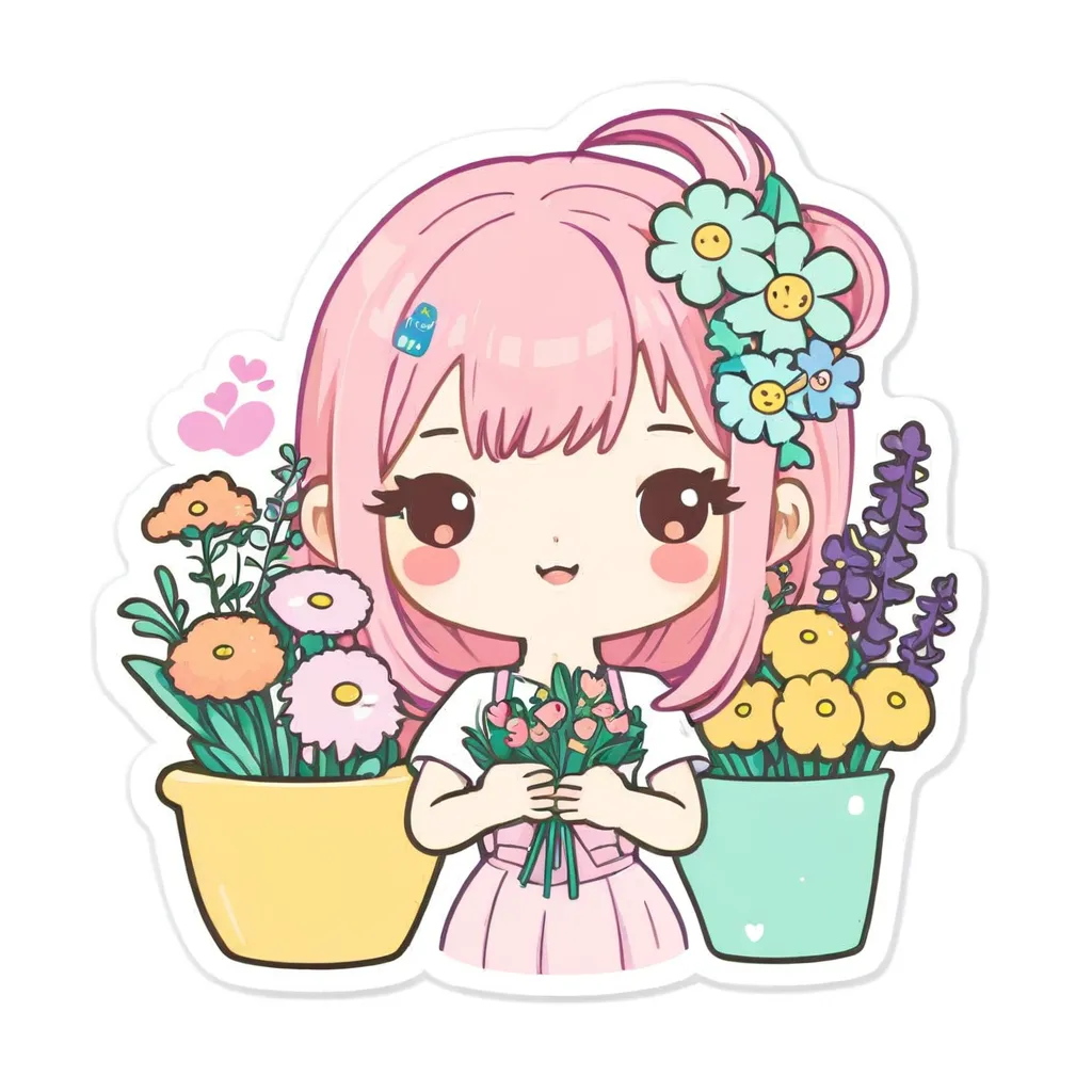 The image shows a cute chibi girl with pink hair and big brown eyes. She is wearing a pink dress with a white apron. The girl is standing in a garden, surrounded by flowers. There are three pots of flowers on the ground, and the girl is holding a bouquet of flowers in her hands. The flowers are colorful and bright. The girl has a happy expression on her face, and she seems to be enjoying the garden.