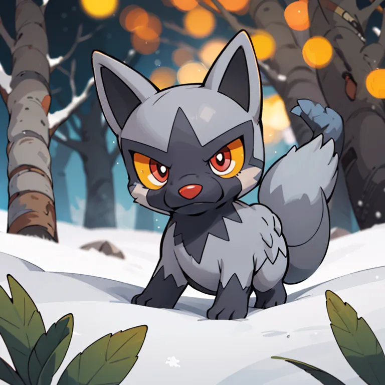 The image shows a small, quadrupedal, canine-like Pokémon with gray and black fur. It has a white belly and a white tip on its tail. Its eyes are red, and it has a small, black nose. It is standing in a snowy forest, and there are several trees in the background. The Pokémon is looking at the viewer with a curious expression