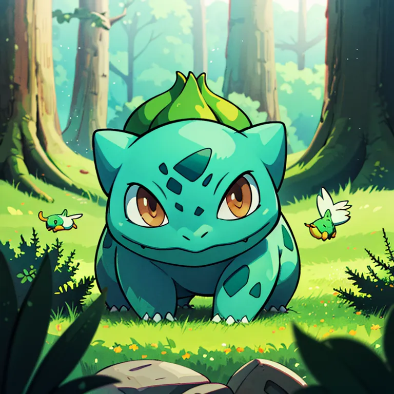 The image is of a Pokemon character. It is a green, dinosaur-like creature with a plant growing on its back. It is standing in a forest, and there are two small, bird-like Pokemon flying around it. The Pokemon is looking at the viewer with a curious expression.