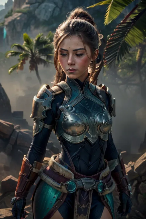 This is an image of a female warrior. She is wearing a metal breastplate and a green skirt. She has a sword in her hand and a bow and arrow on her back. She is standing in a tropical forest, and there are ruins in the background. The warrior is looking to the right of the frame, and she has a determined expression on her face.