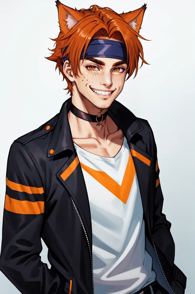 This is a picture of a young man with orange hair and eyes, and fox ears. He is wearing a black leather jacket with orange stripes, a white shirt, and a black choker with a heart-shaped pendant. He has a friendly smile on his face and is looking at the viewer.