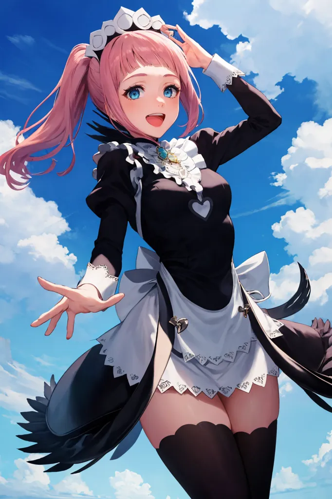 This image shows an anime girl with pink hair and blue eyes. She is wearing a black and white maid outfit and has a heart-shaped brooch on her chest. She is standing in a field of grass and there are blue skies and white clouds in the background.