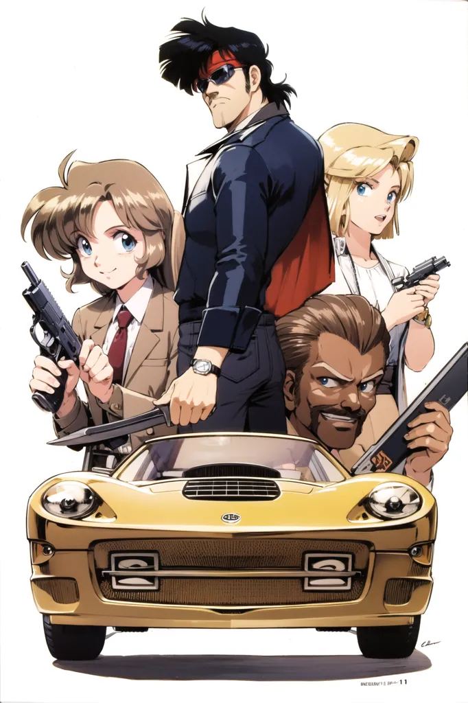 This is an illustration of four characters from the anime series "Gall Force". The characters are (from left to right) Rumi, Makoto, Suzune, and Kazuya. They are all wearing suits and armed with guns. There is a yellow sports car in the front.