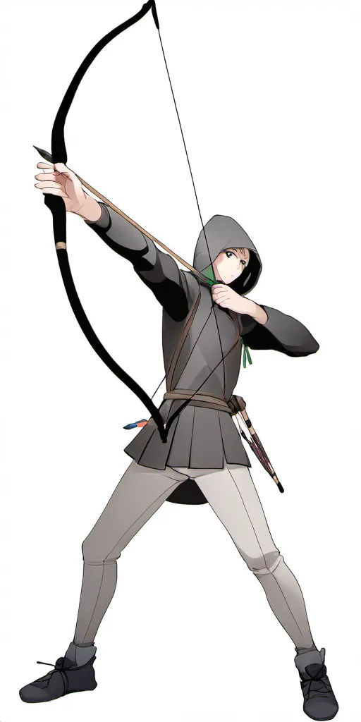 The picture shows a young man in a gray shirt and brown pants. He is drawing a longbow. He has a quiver of arrows on his back and is wearing a green hat. He is standing with his feet shoulder-width apart and his knees slightly bent. He is looking at his target with his left eye closed and his right eye focused.