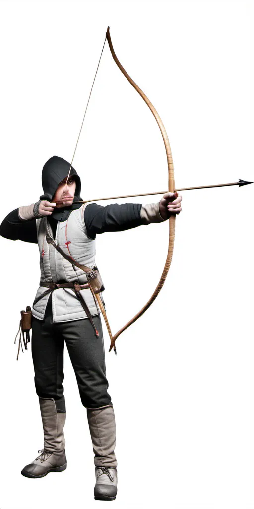 The image shows a man in medieval clothes shooting a bow and arrow. He is wearing a white shirt, brown pants, and a green vest. He has a quiver of arrows on his hip and a pouch on his belt. He is standing with his feet shoulder-width apart and his left hand is drawing the arrow back while his right hand is holding the bow. He is looking at the target with his right eye.