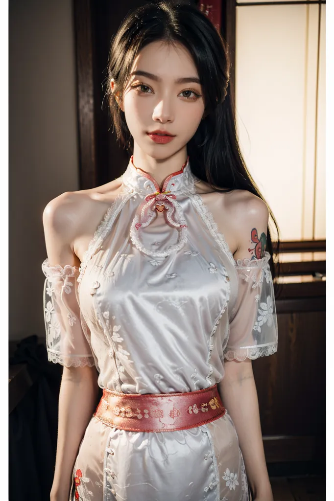 The image shows a young woman wearing a 旗袍(qipao), a traditional Chinese dress. The dress is white with a floral pattern and has a high collar. The woman has long black hair and is wearing light makeup. She is standing in front of a window and there is a vase of flowers on the table next to