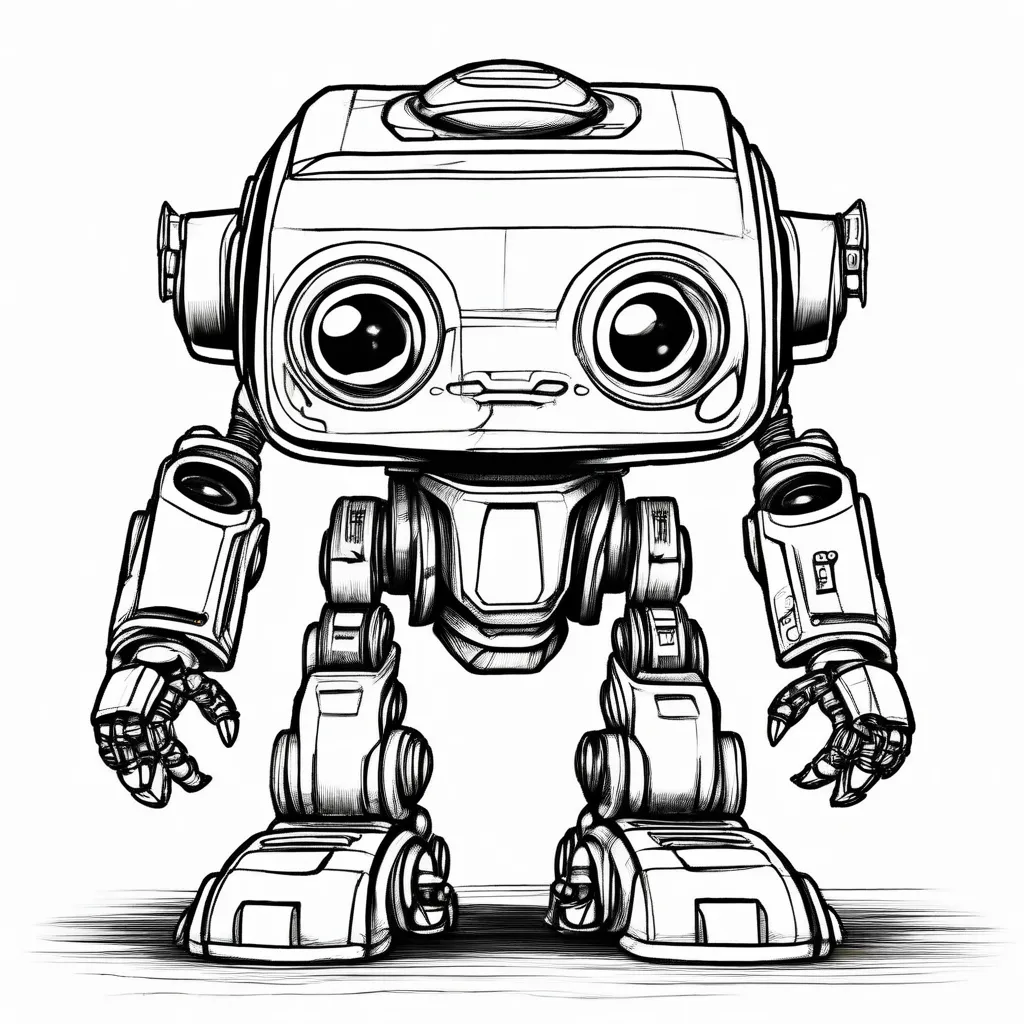 The image shows a cute cartoon robot. It has a box-shaped body with a round head and two large eyes. The robot has two arms and two legs and is standing on a flat surface. The robot has a friendly expression on its face and appears to be curious about something.