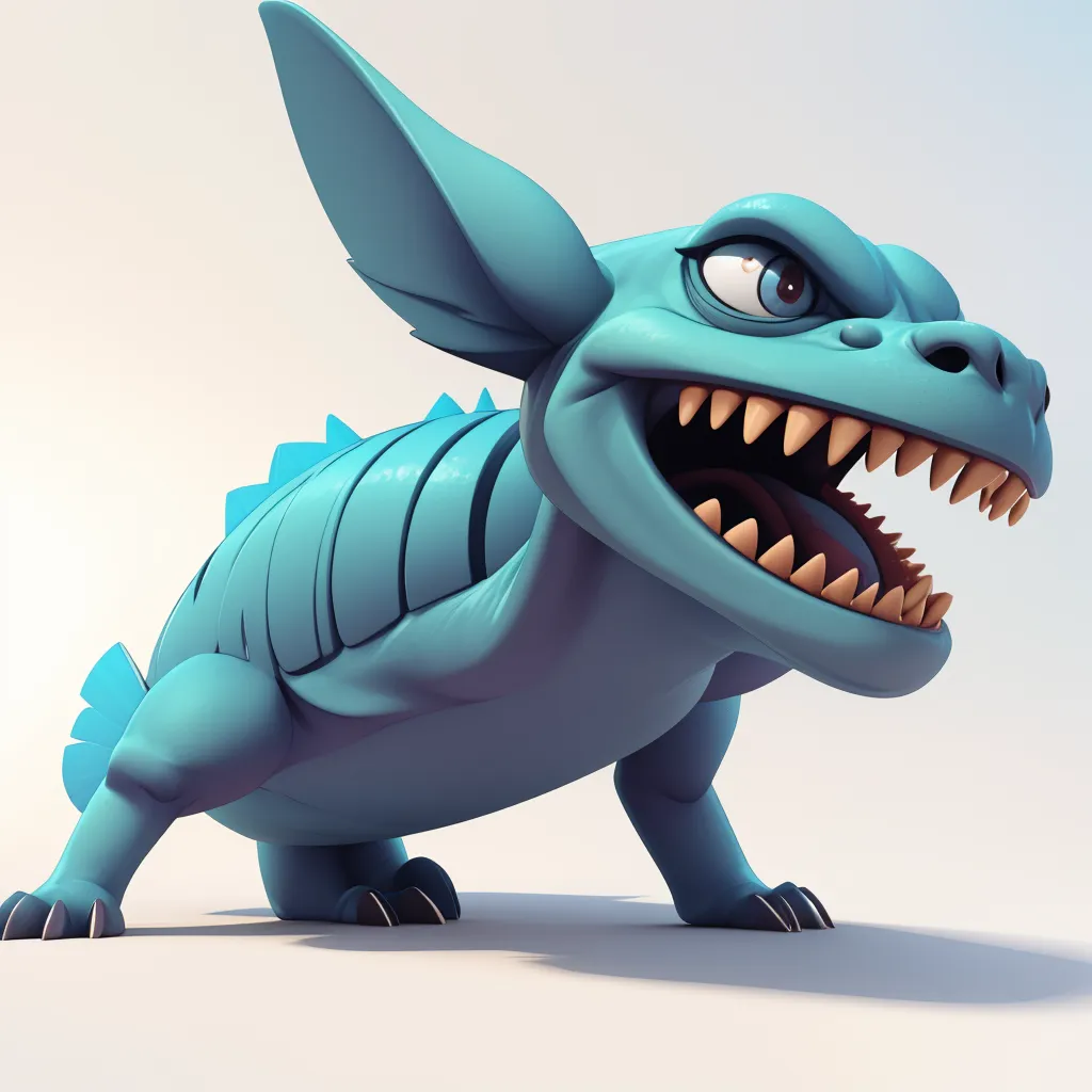 The image shows a blue cartoonish creature. It has large pointed ears, sharp white teeth, and a long snout. Its body is covered in blue scales. The creature is crouched on all fours and has its mouth open in a roar.