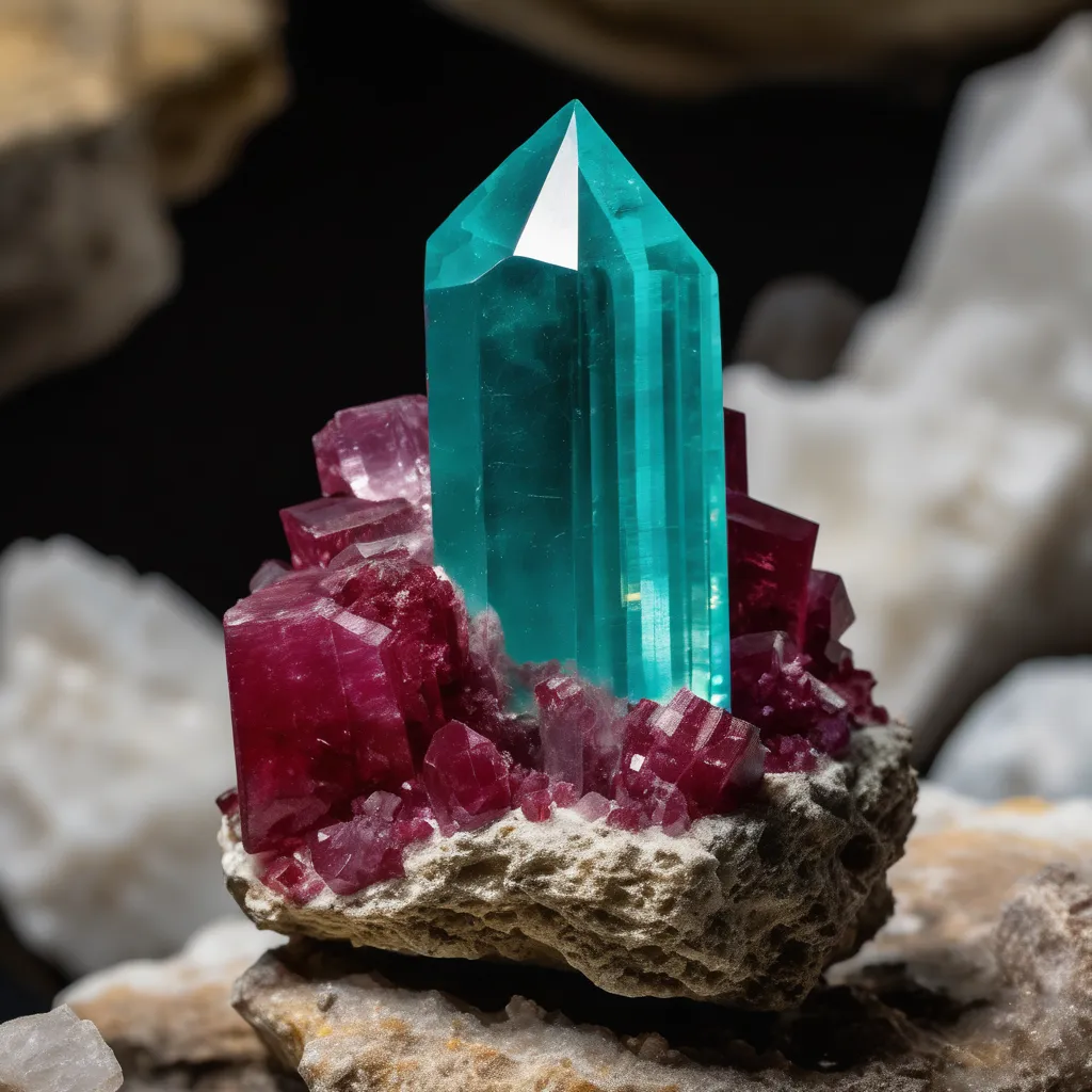 The image shows a blue apatite crystal surrounded by pink rubellite crystals. The blue apatite is a tall, hexagonal prism with a pointed top. The pink rubellite crystals are smaller and have a more irregular shape. The crystals are all embedded in a white rock matrix.