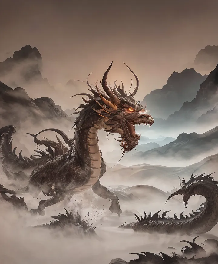 The image is a painting of a black dragon in a mountainous landscape. The dragon has its mouth open and is baring its teeth. It is standing on a rock, and there are mountains in the background. The painting is done in a realistic style, and the dragon is depicted in great detail. The dragon is black with yellow eyes and a long, serpentine body. It has a large pair of wings and a long tail. The mountains in the background are covered in snow, and the sky is a dark, stormy gray. The painting is full of movement and energy, and the dragon is a powerful and fearsome creature.