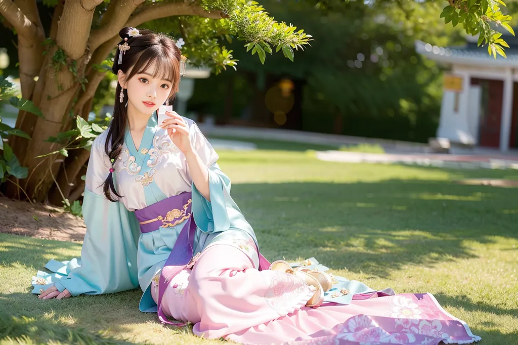 The image shows a young woman wearing a traditional Chinese dress sitting on a pink and white patterned blanket on the grass. She is leaning against a tree and has a teacup in her hand. She is looking at the camera with a gentle smile. She has long dark hair and is wearing a white and blue dress with a purple belt. The background is a blur of green grass and trees.