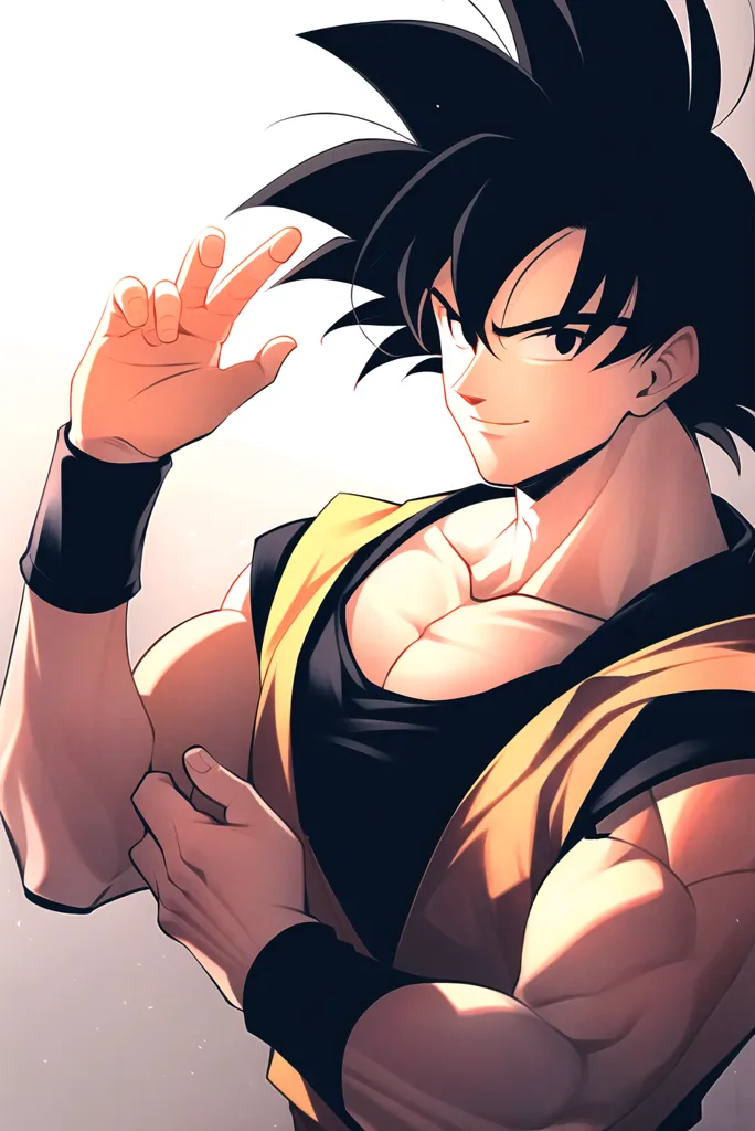 This is an image of Goku, a character from the Dragon Ball series. He is standing with his left hand raised in the air, and his right hand is holding his belt. He is wearing a black and yellow outfit, and he has a determined look on his face. His hair is black and spiky, and his eyes are dark brown. He is muscular and has a defined jawline. He is standing in a fighting stance, and he is ready to fight.